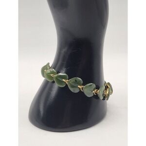 Vintage Heart Shape Green Nephrite Jade Link Bracelet Gold Tone Safety Chain 7.5